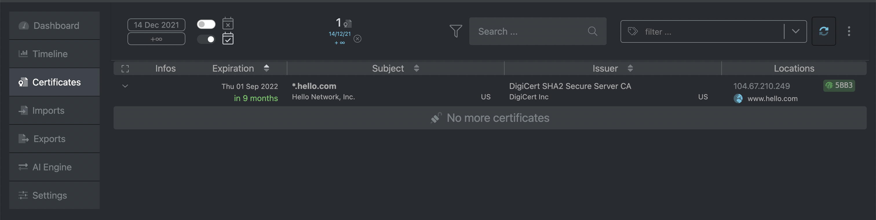 Certificates view