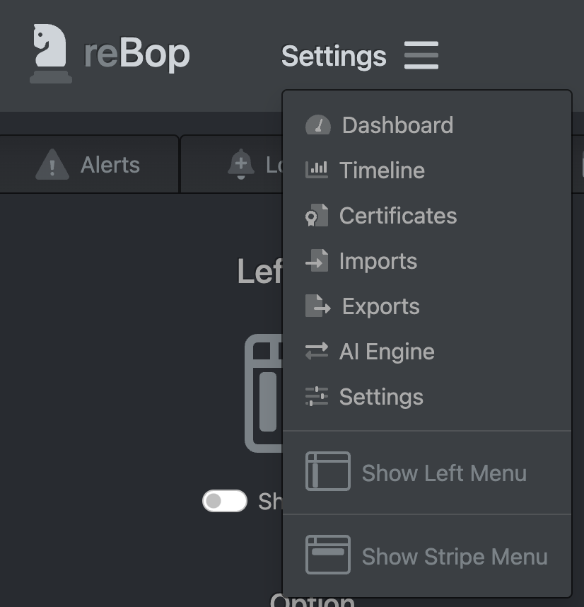 reBop Settings Menus Top